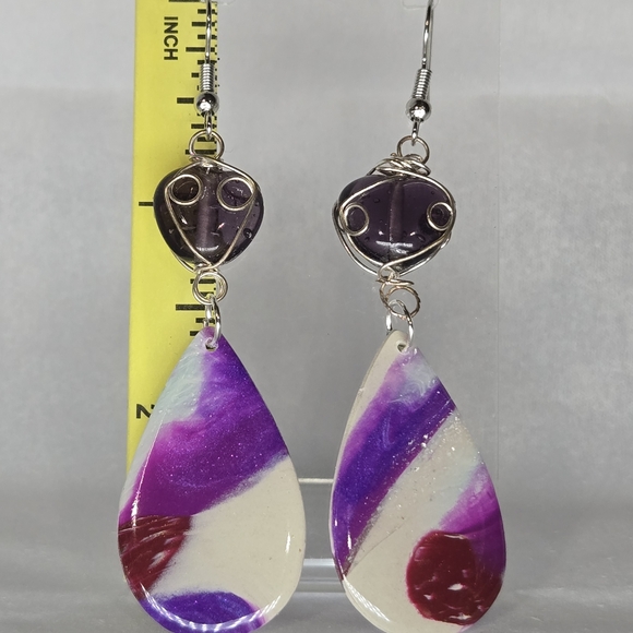Erins Lovely Creations Jewelry - Vibrant Purple and White Teardrop Earrings